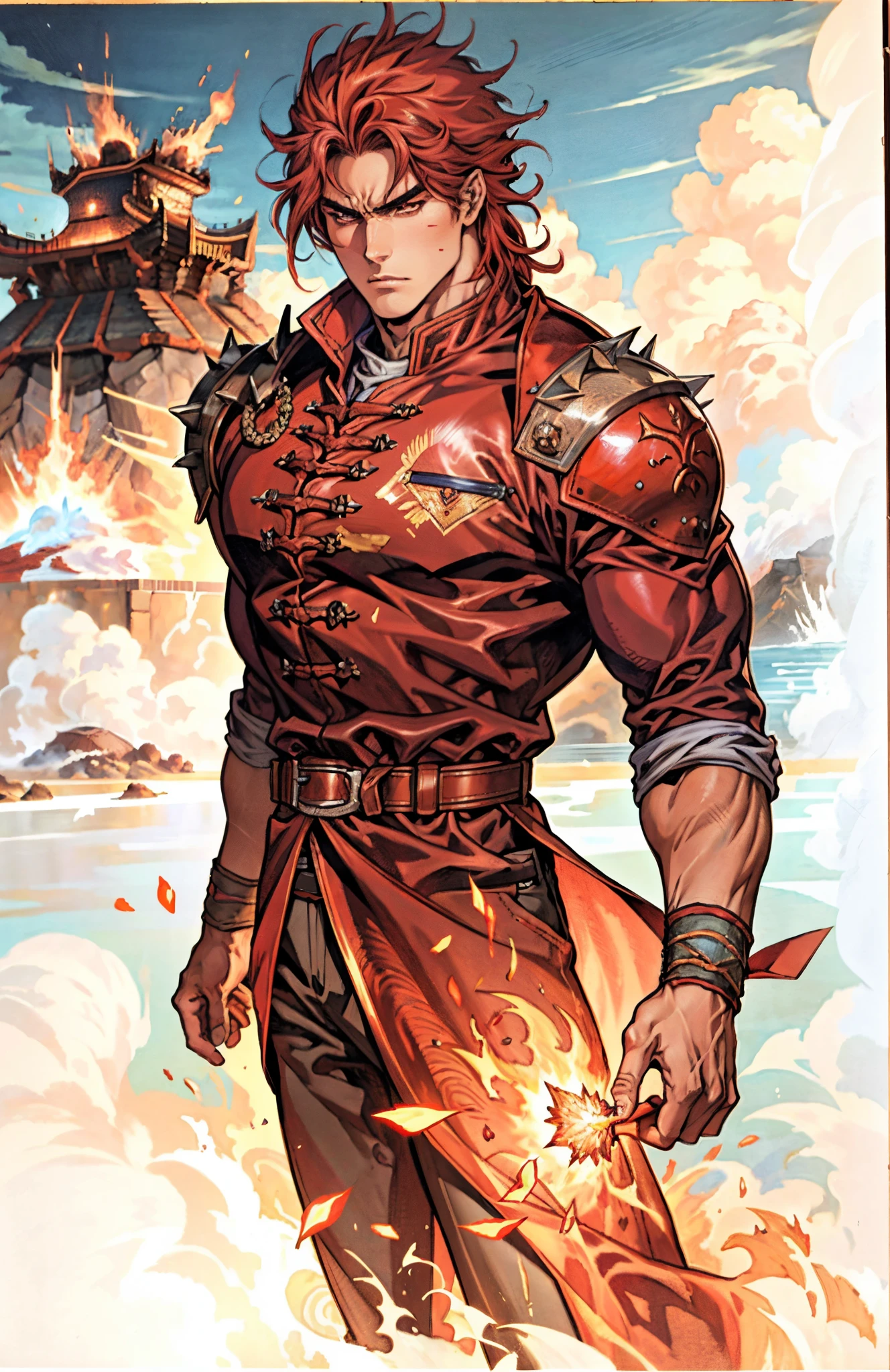 a young man, deep blue short hair, a dense and voluminous spiky hairstyle, two long hair bangs, an arrogant demeanor, a fierce gaze, brown skin, simple solid-colored traditional Chinese clothing, a red belt, flowing hem, red wrist guards, coarse cloth trousers, the surrounding air distorts due to intense heat, the background depicts a volcanic crater erupting with molten lava, this character embodies a finely crafted fantasy-style martial arts in anime style, exquisite and mature manga art style, high definition, best quality, highres, ultra-detailed, ultra-fine painting, extremely delicate, professional, anatomically correct, symmetrical face, extremely detailed eyes and face, high quality eyes, creativity, RAW photo, UHD, 8k, Natural light, cinematic lighting, masterpiece-anatomy-perfect, masterpiece:1.5