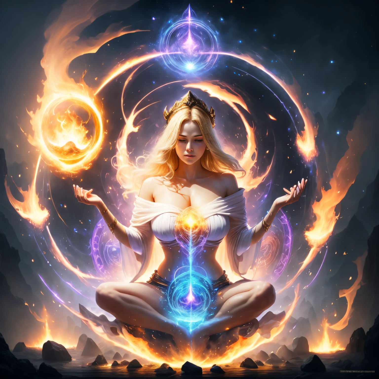 Immortal goddess, super beautiful, 8k, large breasts, meditating, light white cloth covering part of her body, bare shoulders, billowing blonde hair, sitting cross-legged, golden glowing magic circle rotating behind her, magical aura surrounding her parts, magical, fantasy, stars background, (4  elements, fire, water, wind, earth, surround it),