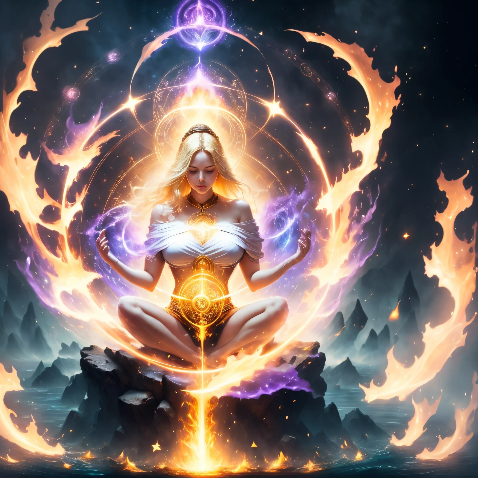 Immortal goddess, super beautiful, 8k, large breasts, meditating, light white cloth covering part of her body, bare shoulders, billowing blonde hair, sitting cross-legged, golden glowing magic circle rotating behind her, magical aura surrounding her parts, magical, fantasy, stars background, (4  elements, fire, water, wind, earth, surround it),