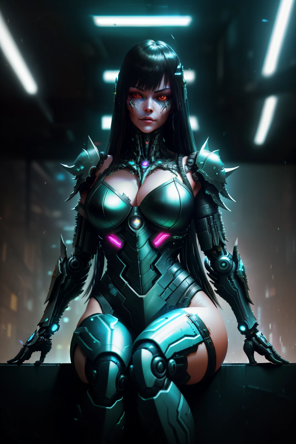 [SH4G0D:1], a beautiful cyborg warrior girl cyberpunk sensual vampiric beautiful body beautiful face in big breasts bionic legs bionic arms armor in an intricate futuristic cyberpunk city ultra detailed 8k extremely realistic[cabelo fluorescente:1]