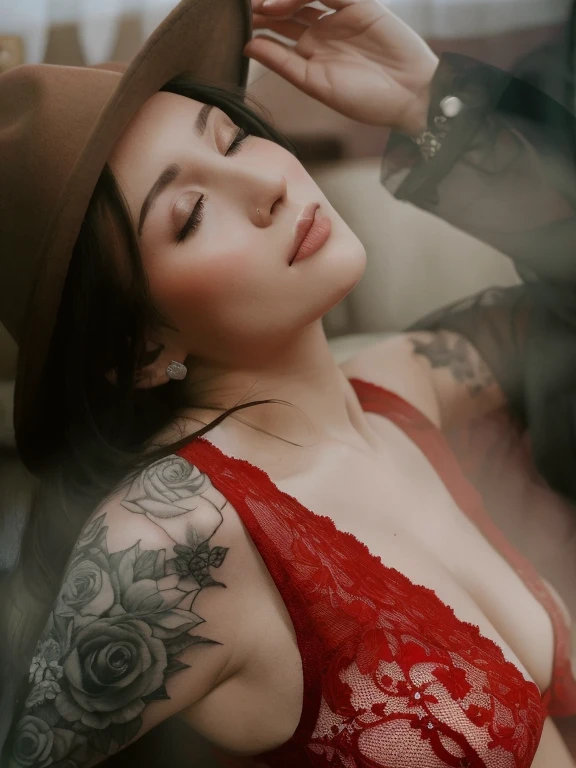 hay una mujer con un sombrero y un sujetador rojo, Tiro de medio cuerpo en primer plano, polvo espeso y tonos rojos, cuerpo cubierto de tatuajes florales, tatuado, Toma de retrato en primer plano, tatuajes en toda la piel, Toma de retrato detallada, vaquera, boudoir photography, Red Hat, vestido rojo y sombrero, Toma de retrato, Disparo desde un lado, bochornoso