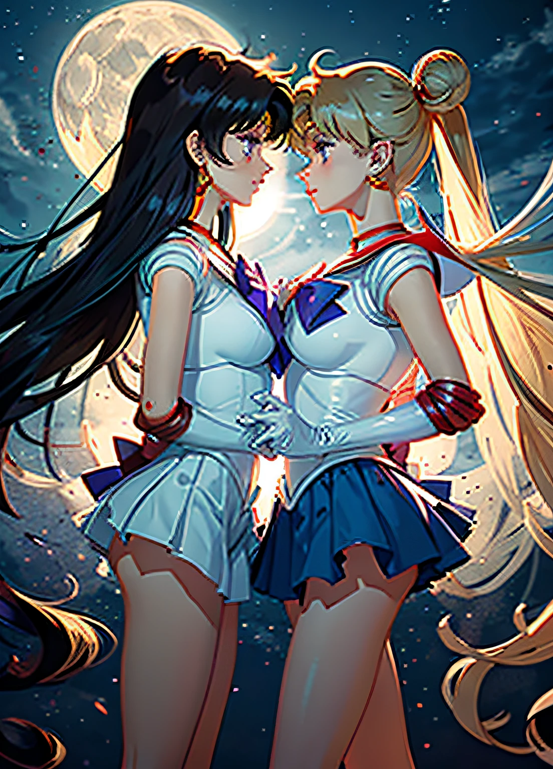 Sailor Moon and sailor mars are standing face-to-face on a reflective surface with the bright white moon visible in the distant sky. they are kissing. they are both wearing reflective black-latex sailor scout uniform with a schoolgirl-collar trim, with a platted latex mini-skirt attached at the waist. They are wearing reflective black-latex elbow gloves. they are both wearing bdsm collar attached together by short chain. sailor moon's blonde hair is done up in two very long ponytails. sailor mar's hair flowing behind her.