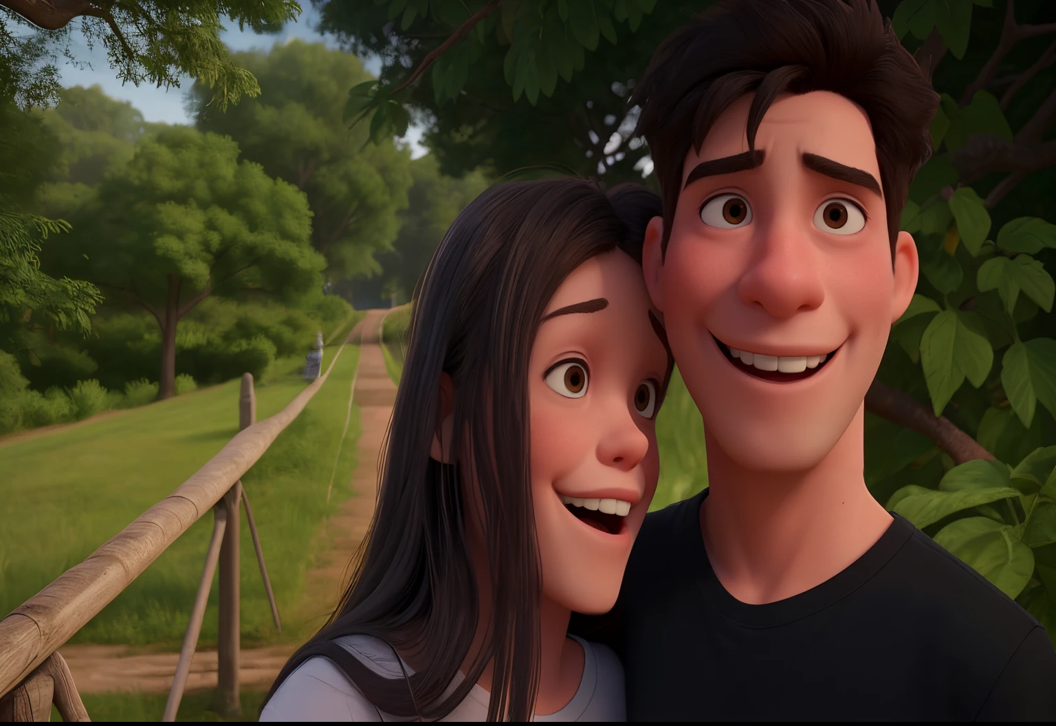 The girl is on the left and the boy is on the right. The girl is wearing a white t-shirt, the boy is wearing a black t-shirt, both of them are smiling, and the girl has a bridge on her left hand. A big tree will be seen behind the right side of the boy.