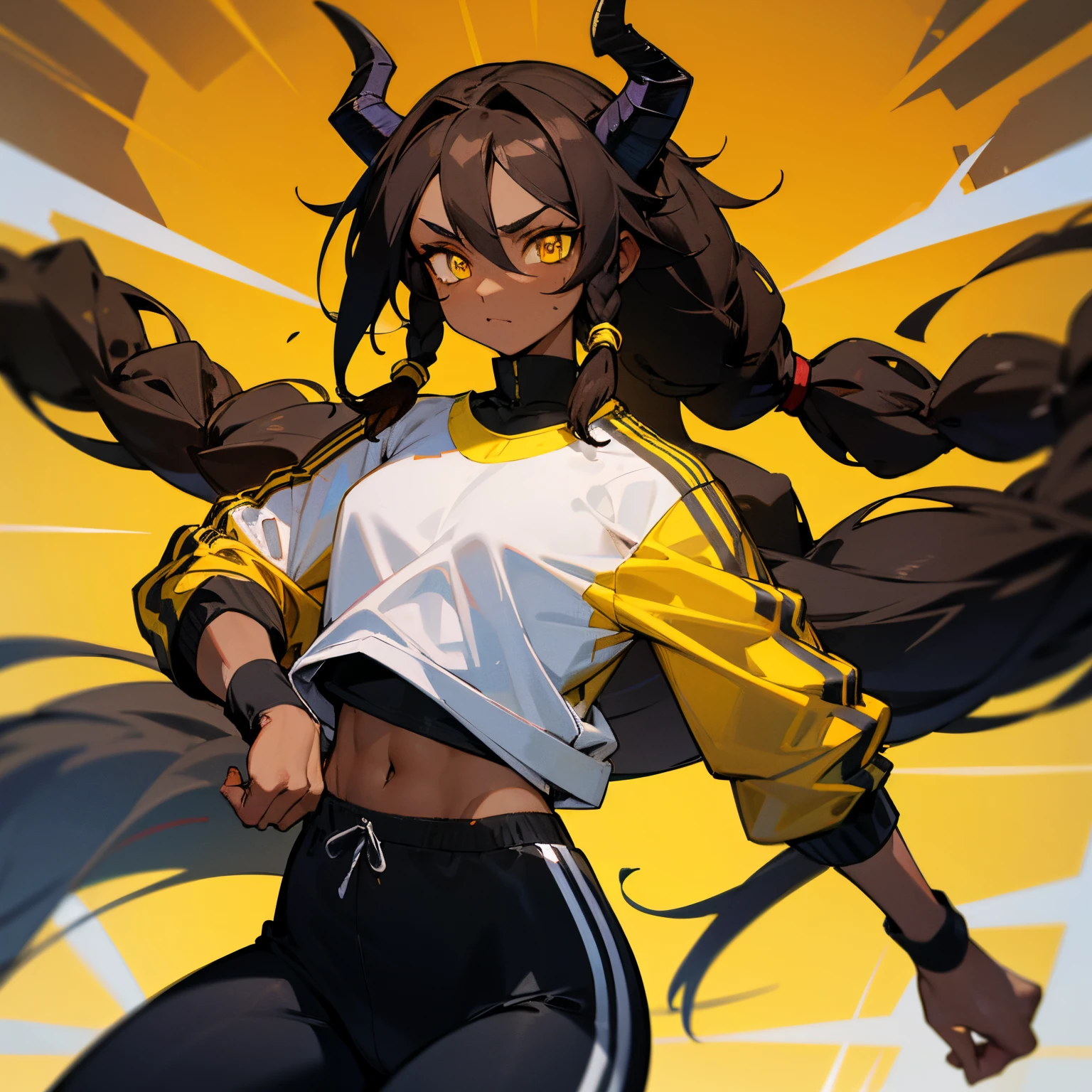 Dark-brown skin, yellow eyes, compression shirt, slit pupils, stitch scar across neck and halfway along face, jet black ram horns, dreadlocks, jogging pants, athletic build, female