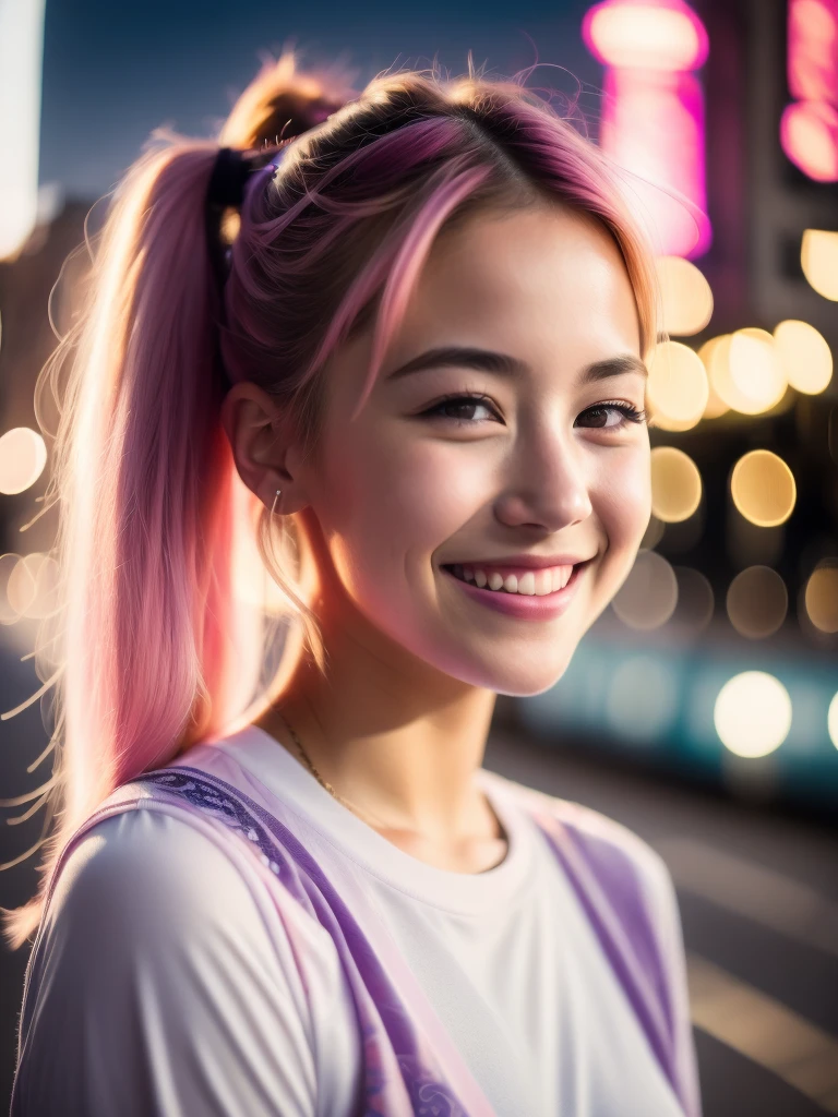Portrait photo of a young girl, (laughing:0.7), pink ponytails hair, complex city background, backlit, (cinematic:1.5), epic realistic, hyperdetailed, insane details, intricate details, accent lighting, soft volumetric light, bokeh, (dramatic light:1.2), (neutral colors:1.3), cross process