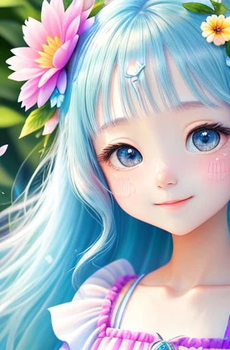 Cute flower fairy baby,asas coloridas, Segure o cetro,Belo oceano cintilante、penas transparentes、sorriso gentil、summer background、Fada suave e transparente、Tinta aquarela,Fundo bonito do jardim,Bright rainbow color landscape,infinidade de cores,Rico em elementos,The facial features are super detailed,Very high sharpness、K HD |、8k、
