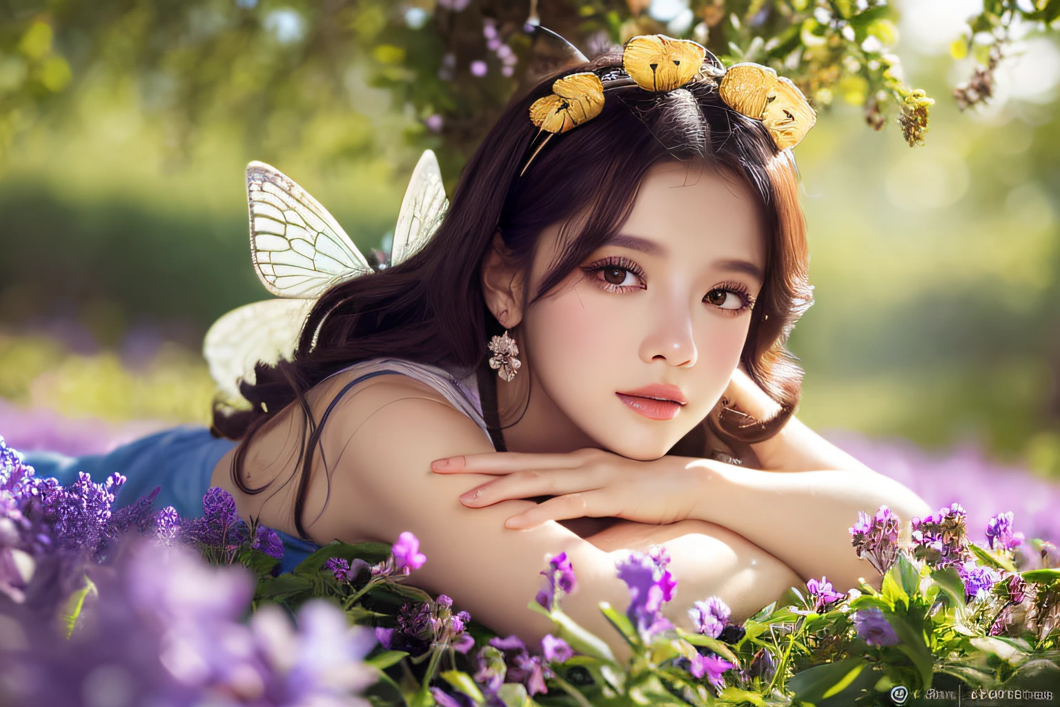 a very small fairy resting under a violet flower, playing with bees,illustration,full body wide shot,ultra-detailed,beautiful detailed eyes,beautiful detailed lips,extremely detailed eyes and face,full body, long eyelashes,forest background,bright and vibrant colors,soft lighting