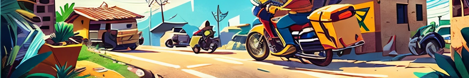 illustration of a motorcycle courier leaving with a Mc Donalds snack and in the background a favela with vehicles