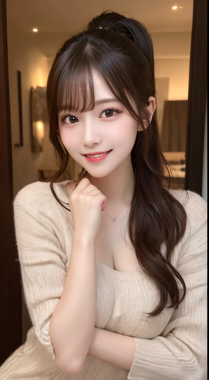 masutepiece, Best Quality, Illustration, Ultra-detailed, finely detail, hight resolution, 8K Wallpaper, Perfect dynamic composition, Beautiful detailed eyes, Natural Lip, Sexy knitted dresses , middlebreast Same as, Random sexy poses, Full body、A big smile、Ponytail hair