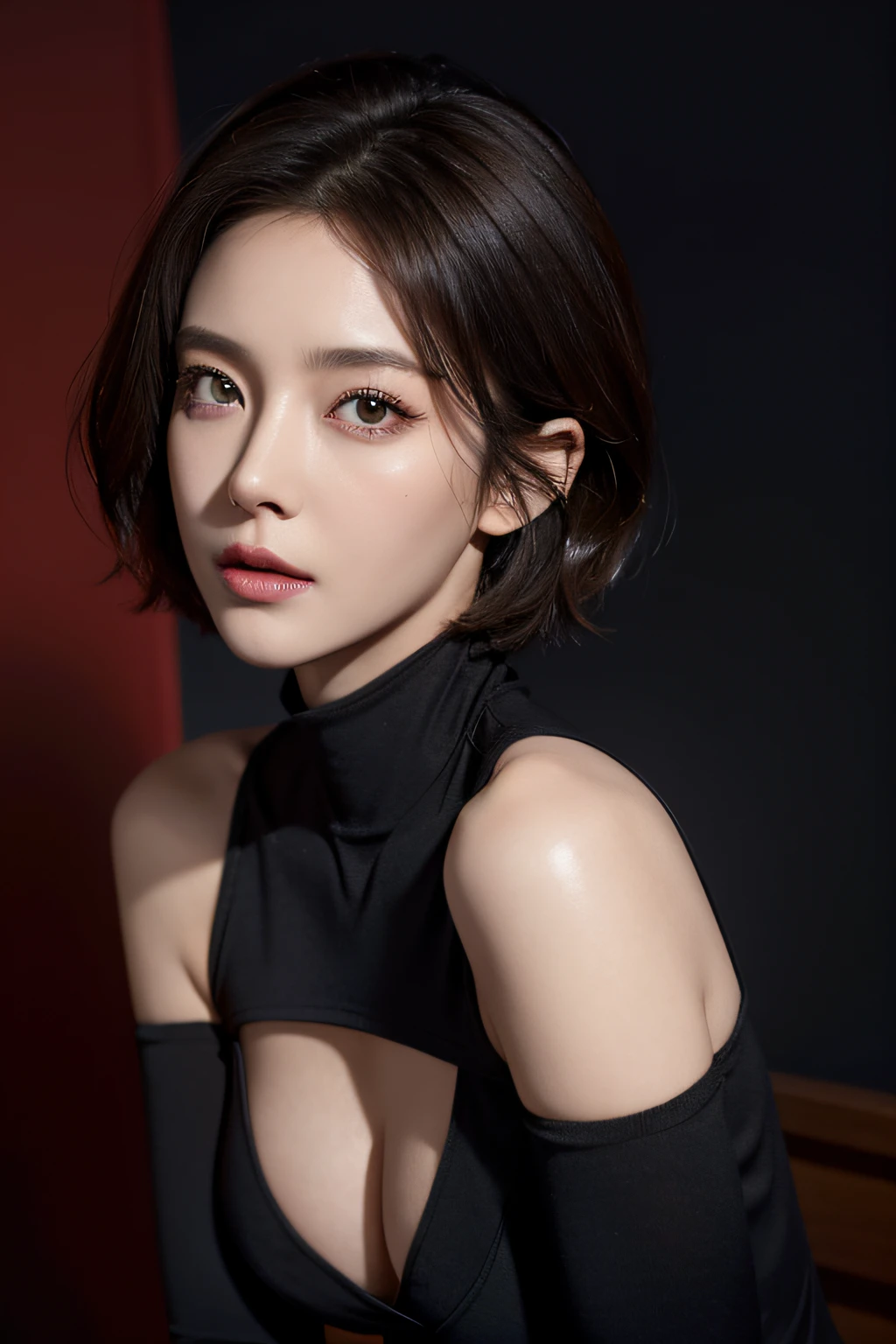 Skin Tight Black Top:1.2, Looking at Viewer, Cinematic lighting, Perfect, softlight, High resolution skin:1.2, Realistic skin texture,30 years old mature woman、 Realistic face, off shoulders, Exposed cleavage,natural make up、 Detailed red eyes、 Short hair, dark brown  hair、a small face、Bust B Cup