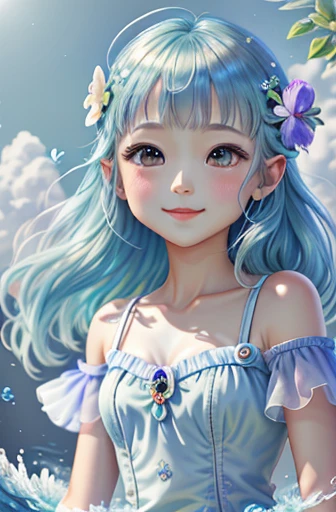 Cute flower fairy ,asas coloridas, Segure o cetro,Belo oceano cintilante、penas transparentes、sorriso gentil、summer background、Fada suave e transparente、Tinta aquarela,Fundo bonito do jardim,Bright rainbow color landscape,infinidade de cores,Rico em elementos,The facial features are super detailed,Very high sharpness、K HD |、8k、