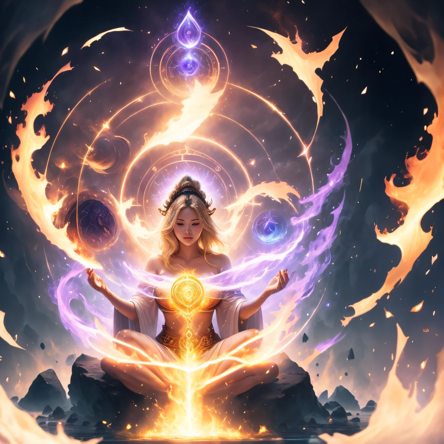 Immortal Asian goddess, super beautiful, 8k, large breasts, meditating, light white cloth covering part of her body, bare shoulders, billowing blonde hair, sitting cross-legged, golden glowing magic circle rotating behind her, magical aura surrounding her parts, magical, fantasy, stars background, (4 elements, fire, water, wind, earth, surround it),