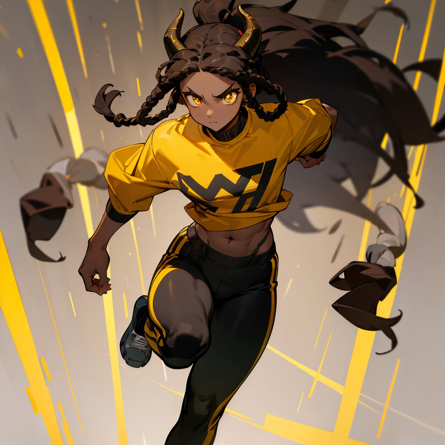 Dark-brown skin, yellow eyes, compression shirt, slit pupils, stitch scar across neck and halfway along face, jet black ram horns, dreadlocks, jogging pants, muscular, female, broad shoulders