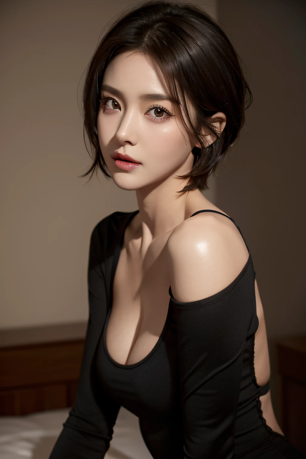 Skin Tight Black Top:1.2, Looking at Viewer, Cinematic lighting, Perfect, softlight, High resolution skin:1.2, Realistic skin texture,30 years old mature woman、 Realistic face, off shoulders, Exposed cleavage,natural make up、 Detailed red eyes、 Short hair, dark brown  hair、a small face、Bust B Cup
