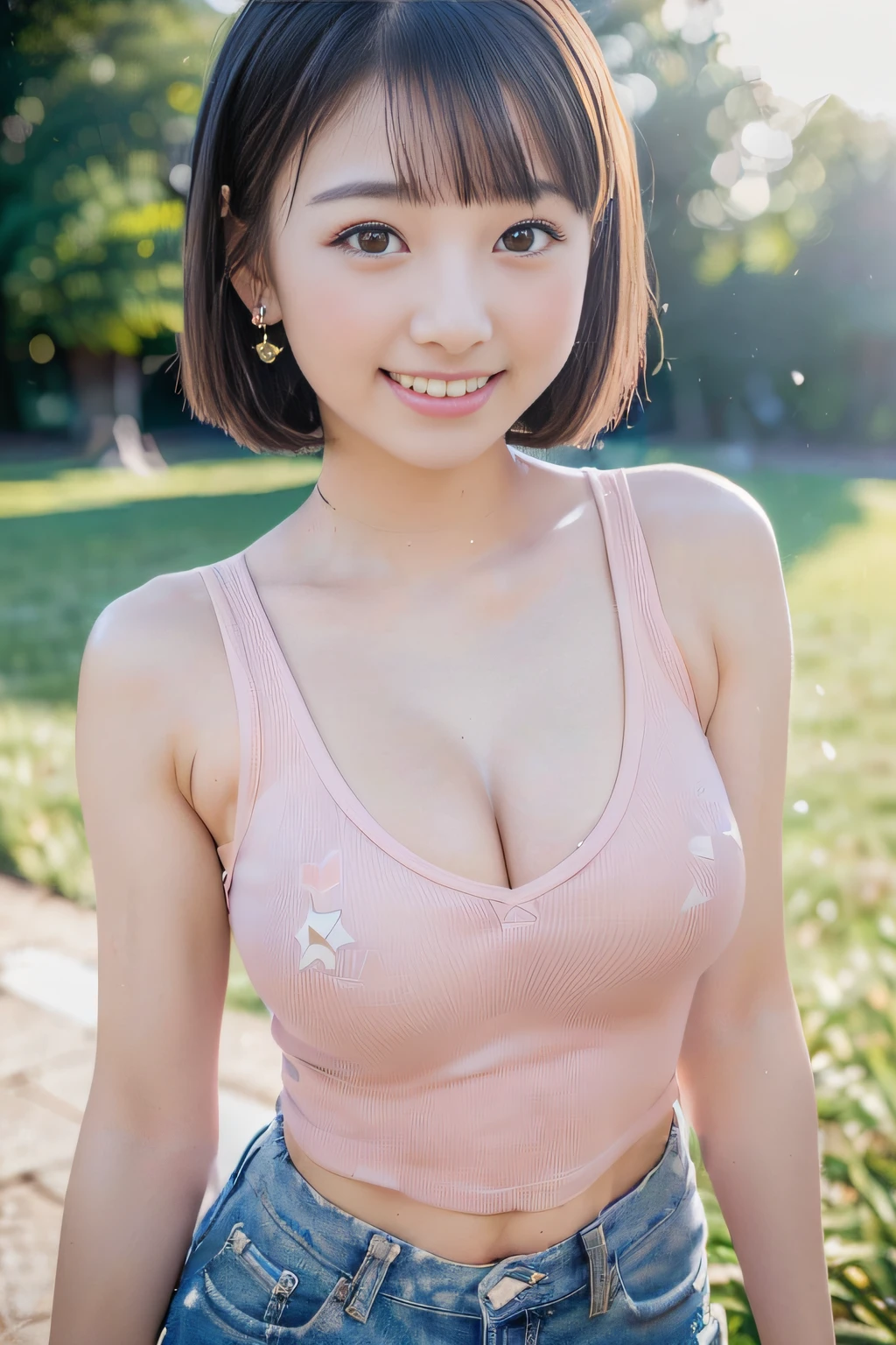 ((8K、32K、Raw photography、top-quality、​masterpiece:1.3))、((realisitic、Photorealsitic:1.38))、ultra-detailliert、Photo of one person、beautiful mature lady、Age is 50 years、Born in the 1970s、cute little、独奏、Light makeup、Keep your real face、((Under the blue sky:1.3))、((On the lawn:1))、((Spread your legs for your audience:1))、((Do not hide your crotch with both hands:1.3))、((Posture as if straddling a Japanese-style toilet))、((Squats with legs spread in an M-shape))、((Sensational provocative pose:1.2))、dark hair on the head、Virgin female genitalia perfectly visible for your audience、A small amount of redheaded pubic hair、((thrust out one's hip:1.3))、((exposed breast:1.1))、((Breast size is C cup:1.5))、Happy bright smile、Beautiful teeth alignment、(blush of the nose)、((A smile:1.25))、seducting smile、(Photon mapping)、profetional lighting、Illuminate the front of the subject、Sony A7R4、Zessie 50mm f1.8、Beautiful Detail Eye、((Dress like thin ballet uniform on fabric,amarelo,shuicolor,white colors、Highly transparent stocking fabric))、((Very short skirts made of highly transparent stocking fabric))、(Short bob hair:1.35)、(Floating hair:1.8)、fluffy hair、(I'm wearing sneakers)、