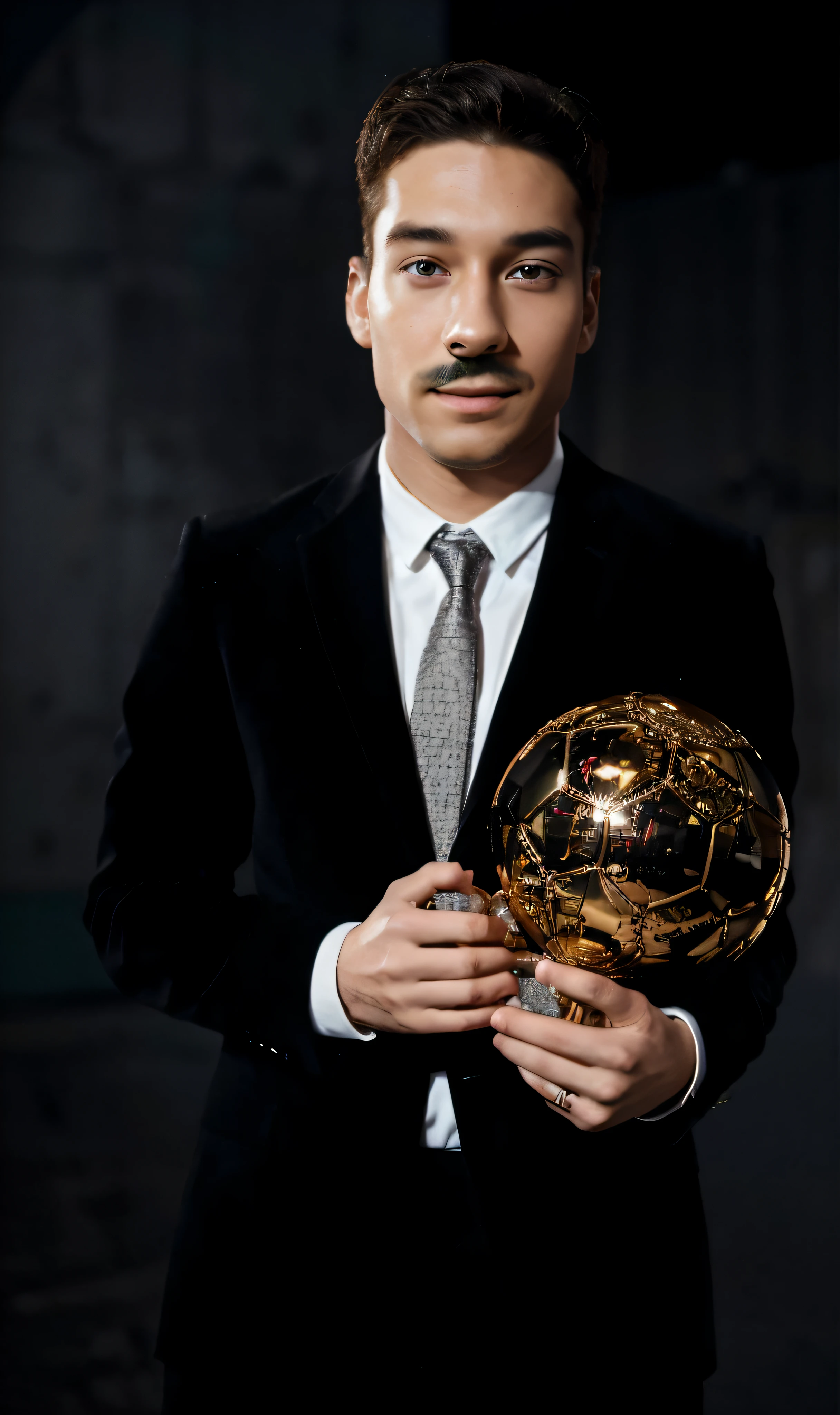 3d pixar disney style movie poster .(8k, RAW photo, best quality, masterpiece: 1.2), (intricate details), perfect eyes, brown perfect face, perfect lighting, beautiful, (masterpiece: 1.2 ), (best quality: 1.2), 1 Player holding a golden Ballon d'Or from France footboll alone, brown hair ((, adult torso, 21 years old, slight smile., 3DMM image in very high quality.