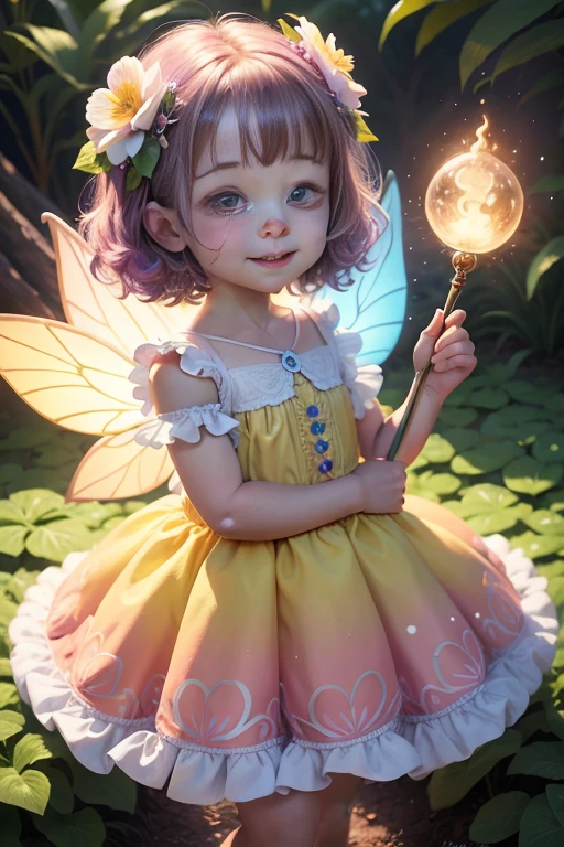 Cute flower fairy baby,Hold your shiny wand,The beautiful fairy with a sense of transparency has a bright smile,Let's be happy,Beautiful garden background,Bright rainbow-colored landscape,plethora of colors,Rich in elements,Facial features are super detailed,Ultra-high sharpness、k hd、8K、