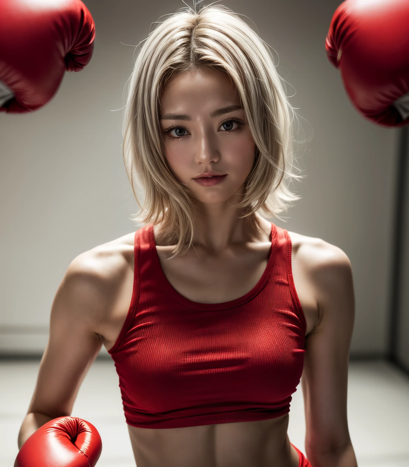 The pose is an action pose ,Fighting Pose,BREAK (White theme:1.4), (Tight white tank top:1.4), ((Sleeveless, Bare shoulders):1.2), ((Navel, Stomach):1.3),
BREAK (Red Theme:1.3), (Red shorts:1.3), ((Bare legs, bare thigh):1.3), (Red Boxing Gloves:1.3), (Red Boxing Shoes:1.2),