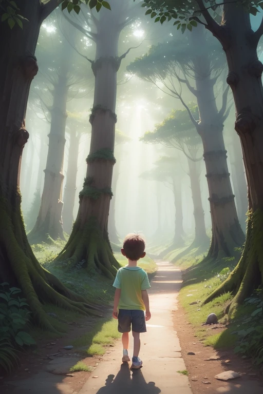 a cute ,Ele tem olhos grandes,He had a bird in his hand, e seu corpo estava cheio de borboletas,o estilo aquarela,Texture and distance in watercolor,There is a clear line and relatively flat drawing style。Lots and lots of trees around,A little light shines through the little ones