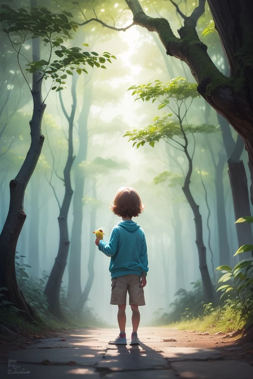 a cute child,Ele tem olhos grandes,He had a bird in his hand, e seu corpo estava cheio de borboletas,o estilo aquarela,Texture and distance in watercolor,There is a clear line and relatively flat drawing style。Lots and lots of trees around,A little light shines through the little ones