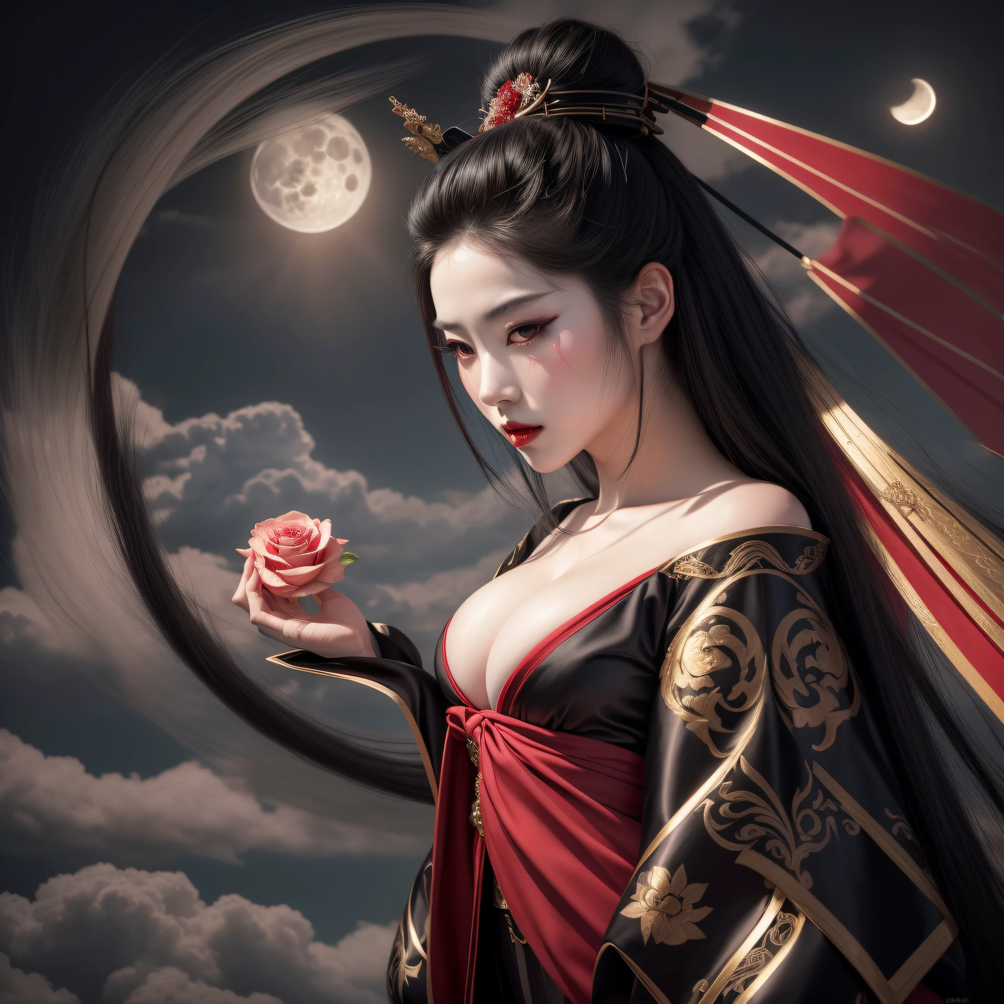 masterpiece, there is a vampire geisha, pale face and skin, with long flowing black hair, large breasts, full lips, beautiful eyes ((intricate details)), holding a rose in her hand, and behind there is a giant full moon, and scattered clouds, realistic work of art of the Japanese demonic Goddess, Geisha demonic beauty, a beautiful fantasy vampire empress, Portrait of a beautiful dark geisha, beautiful realistic art, Goddess of the Moon, Portrait of the geisha, geisha, Goddess of the Moon.