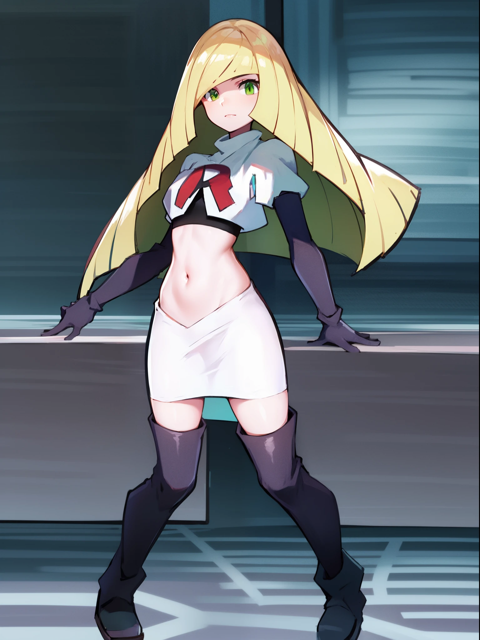 pokemonlusamine,green eyes,team rocket,team rocket uniform,white skirt,crop top,black thigh-high boots,black elbow gloves,