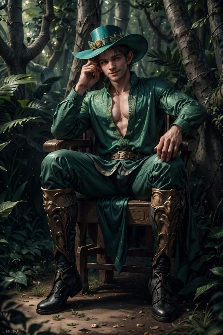 painting of a leprechaun sitting in a forest, smiling, wearing a green top hat, sensual digital painting, master piece, full body, by chunie, by darkgem:0.8, Detailed background, ((full body)), 35mm lens LanceMen, Luthien, ((a stunning portrait of a God)), Frank Kelly Freas, Karol Bak Style, ((gorgeous face)), Ultra Definition, Best Quality, 32k ultra, Ultra HD