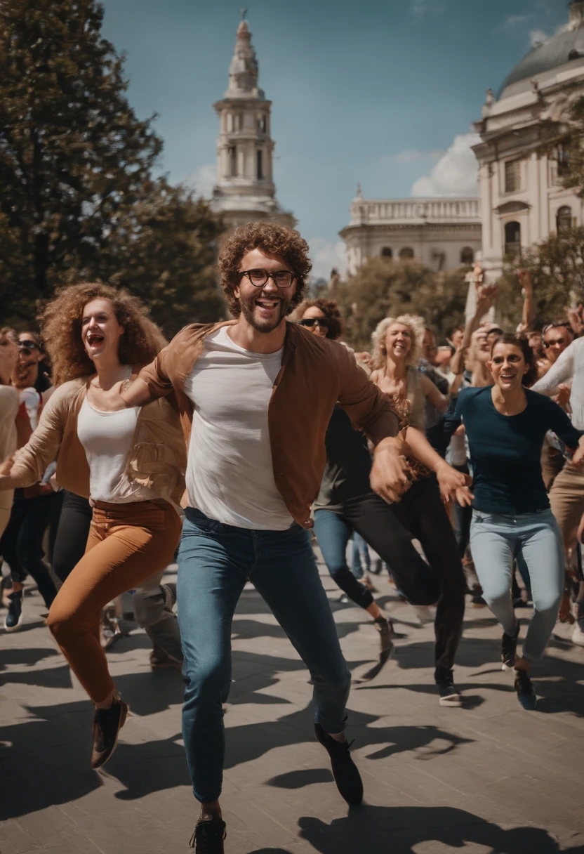 A lively shot of Greg leading a group of people in a dance flash mob in the middle of the city square,original,greg is 6 foot, white, short curly brown hair, round glasses, slightly narrow face. 7/10 handsome. Well put together.
