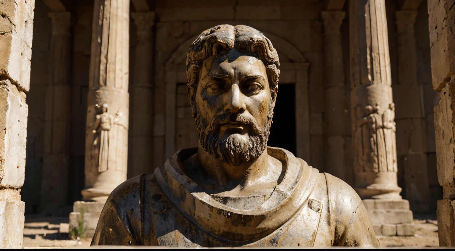 Ancient Stoic Statue With Very Angry Expression, tem barba, muitos detalhes em ambos os olhos, Outside, fundo atenas grego, open sky, com rosto extremamente detalhado full body view, Colors with low saturation with dark tone, Filmado em Sony A7S III com Sony FE 35mm f/1.8, 12.1 MP, --AR 3:2 --estilo cru