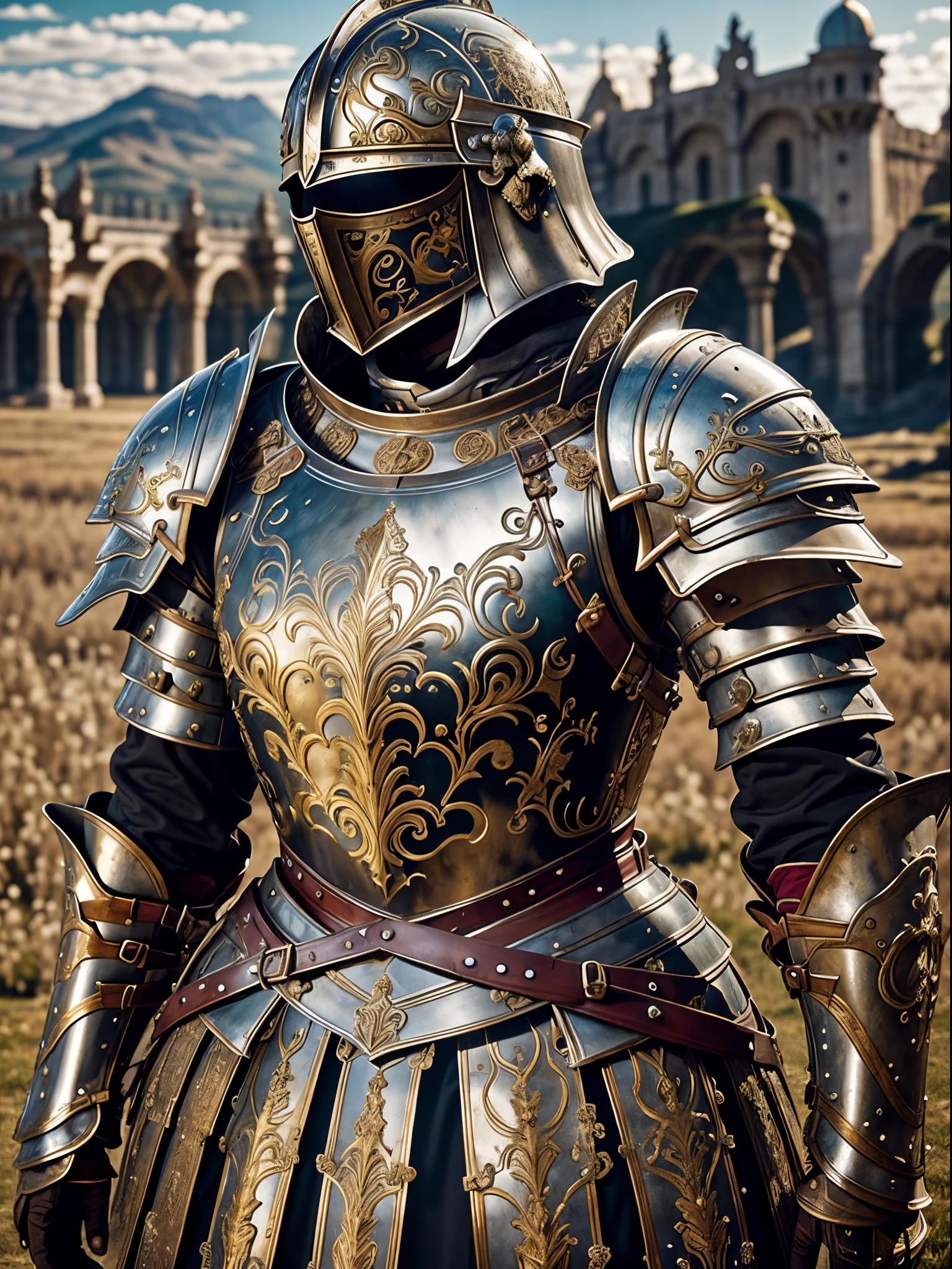 Masterpiece, cinematic landscape, best quality, baroque, realistic, european woman, beautiful curves, white roman medieval armor, worn armor, upper body, looking at the viewer, open field, battlefield