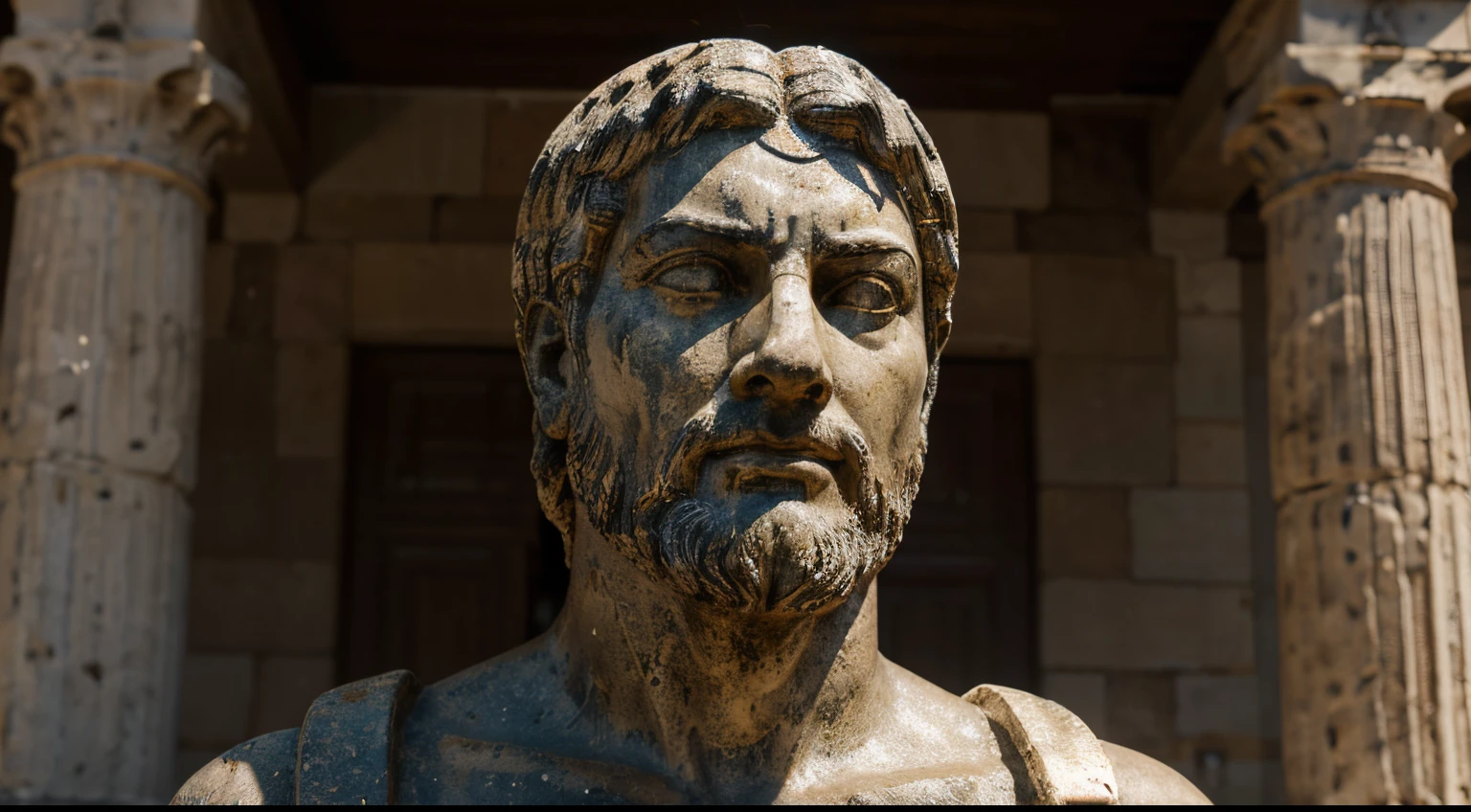 Ancient Stoic Statue With Very Angry Expression, tem barba, muitos detalhes em ambos os olhos, Outside, fundo atenas grego, open sky, com rosto extremamente detalhado full body view, Colors with low saturation with dark tone, Filmado em Sony A7S III com Sony FE 35mm f/1.8, 12.1 MP, --AR 3:2 --estilo cru