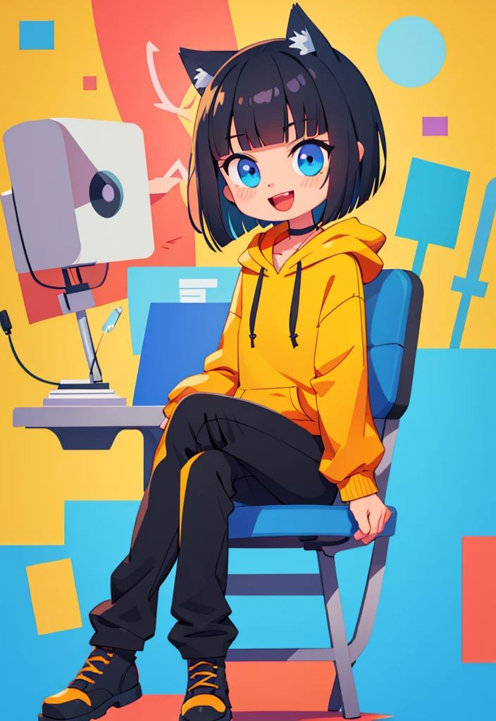 best quality, masterpiece, highly detailed, kawaii,
BREAK (short boy:1.3), 1boy, solo, (short hair, straight hair, black hair, blunt bangs, azure eyes:1.3), (wolf ears), choker, fangs, blush, (realistic:0.8), (sitting in chair, holding a gaming control.)
(oversized clothes, puffy sleeves, red and yellow hoodie, black boots, black pants), happy, :D,
BREAK cute aesthetic illustration, stylized digital art, colorful paint style,