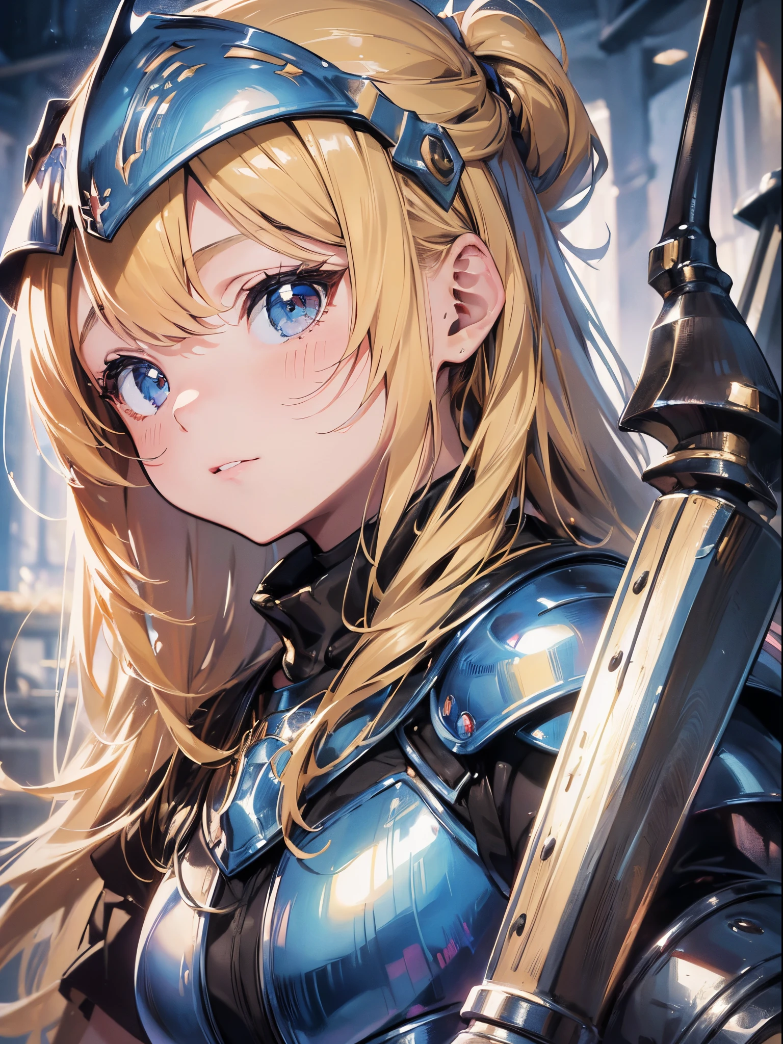 (Best Picture Quality, 4K, High Quality, Masterpiece:1.2), ((Masterpiece)), High Detail, High Quality, (HDR,16k, RAW Beautiful Girl Portrait, Best Picture Quality, Masterpiece:1.2), (Ultra-Definition Illustration), young teen, knightess, colorful knight armor, armor helmet in a dark dungeon, blond hair, twintale, holding sword and shield