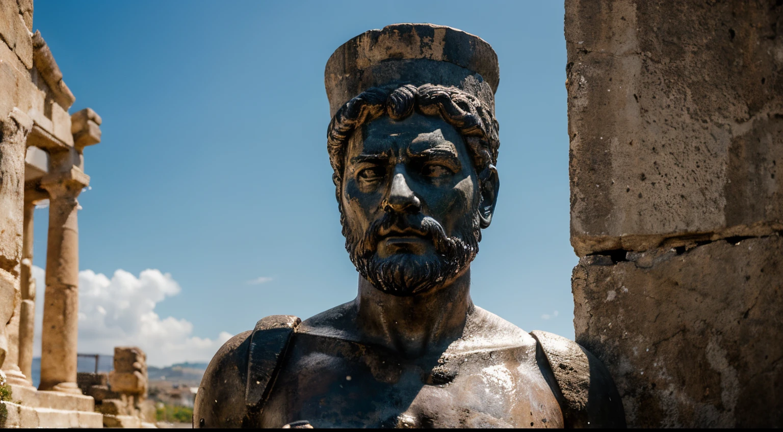Ancient Stoic Statue With Very Angry Expression, tem barba, muitos detalhes em ambos os olhos, Outside, fundo atenas grego, open sky, com rosto extremamente detalhado full body view, Colors with low saturation with dark tone, Filmado em Sony A7S III com Sony FE 35mm f/1.8, 12.1 MP, --AR 3:2 --estilo cru