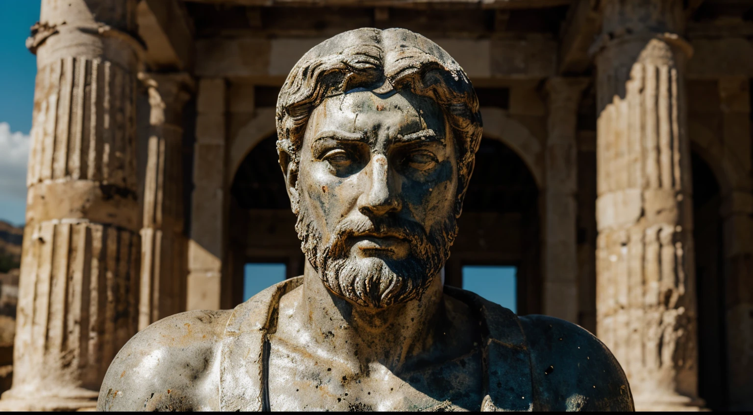 Ancient Stoic Statue With Very Angry Expression, tem barba, muitos detalhes em ambos os olhos, Outside, fundo atenas grego, open sky, com rosto extremamente detalhado full body view, Colors with low saturation with dark tone, Filmado em Sony A7S III com Sony FE 35mm f/1.8, 12.1 MP, --AR 3:2 --estilo cru