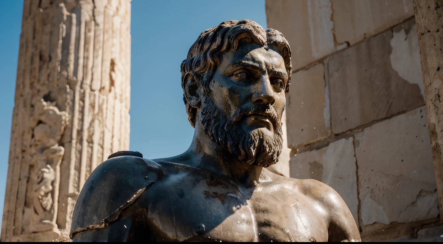Ancient Stoic Statue With Very Angry Expression, tem barba, muitos detalhes em ambos os olhos, Outside, fundo atenas grego, open sky, com rosto extremamente detalhado full body view, Colors with low saturation with dark tone, Filmado em Sony A7S III com Sony FE 35mm f/1.8, 12.1 MP, --AR 3:2 --estilo cru
