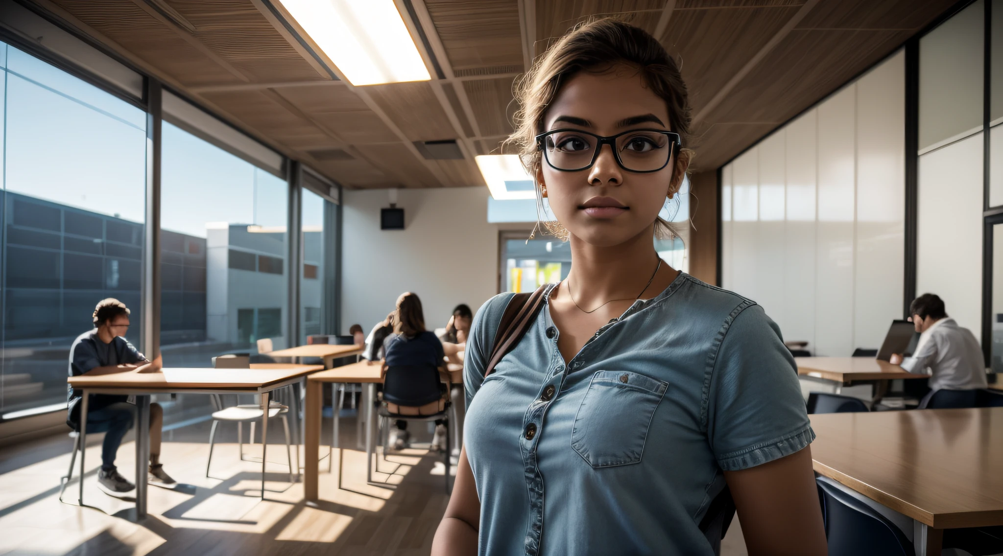 Describe an engaging scene of a Brazilian engineering student on a university campus during the day. Visualize-a usando um capacete, uma camisa jeans, glasses and short blonde hair, imersa em um ambiente repleto de equipamentos de engenharia ao fundo. Highlight daytime lighting, with sunlight creating soft shadows and enhancing the texture of surrounding objects.
Emphasize the student's facial expressions, capturing the concentration and enthusiasm on your face, reflecting the stimulating academic environment. Integre tons de neon coloridos, perhaps coming from laboratory plates or technological installations, criando uma atmosfera vibrante e futurista. Descreva as sombras que esses elementos projetam, dancing in harmony with the details of the campus.
Destaque a textura dos equipamentos de engenharia, providing a tactile sensation to the reader, and take advantage of color nuances to add depth to the scene. Explore o contraste entre a luz natural do dia, the glasses on the student, e as sombras sutis, creating a visually rich and immersive composition into the everyday life of this engineering university student."