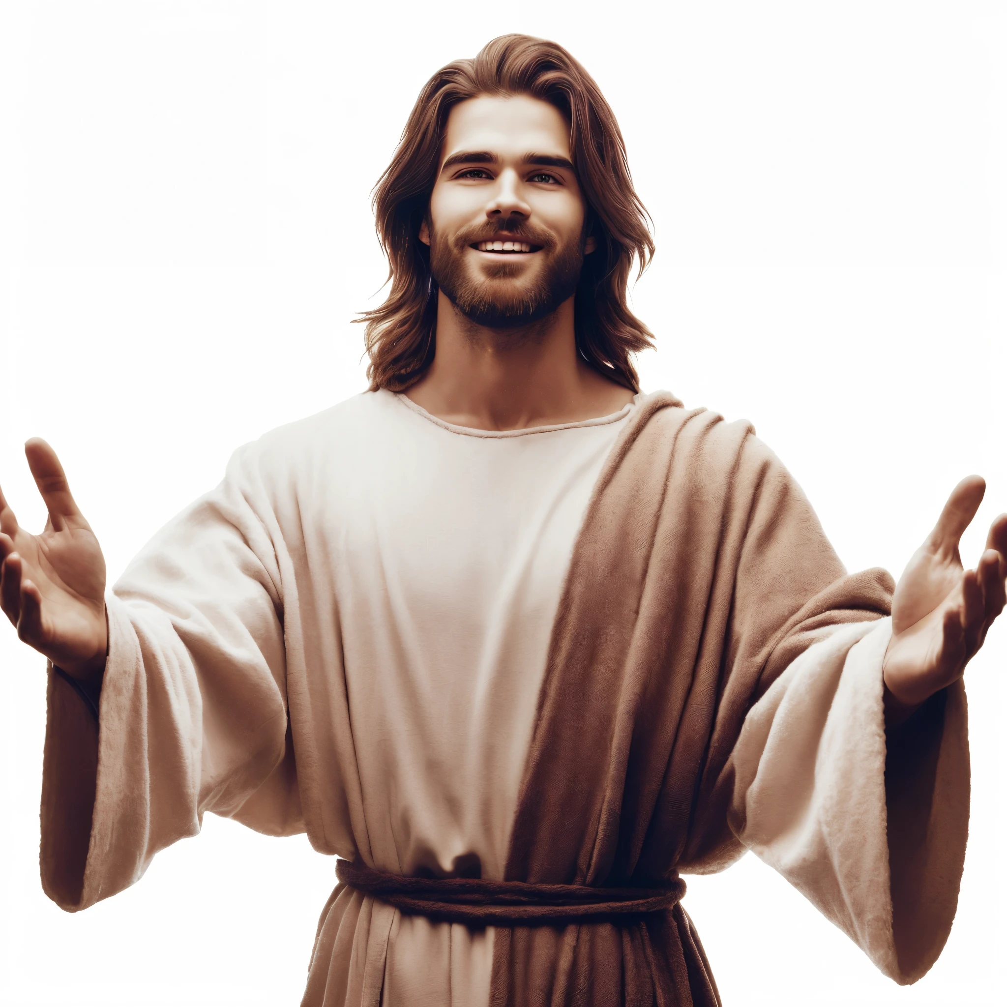 a close up of a person wearing a robe and holding his hands out, jesus christ, he is greeting you warmly, jesus, dressed like jesus christ, gigachad jesus, young almighty god, greg olsen, he is happy, jesus of nazareth, jesus christ going super saiyan, portrait of jesus christ, his arms spread, he is very happy, jesus face