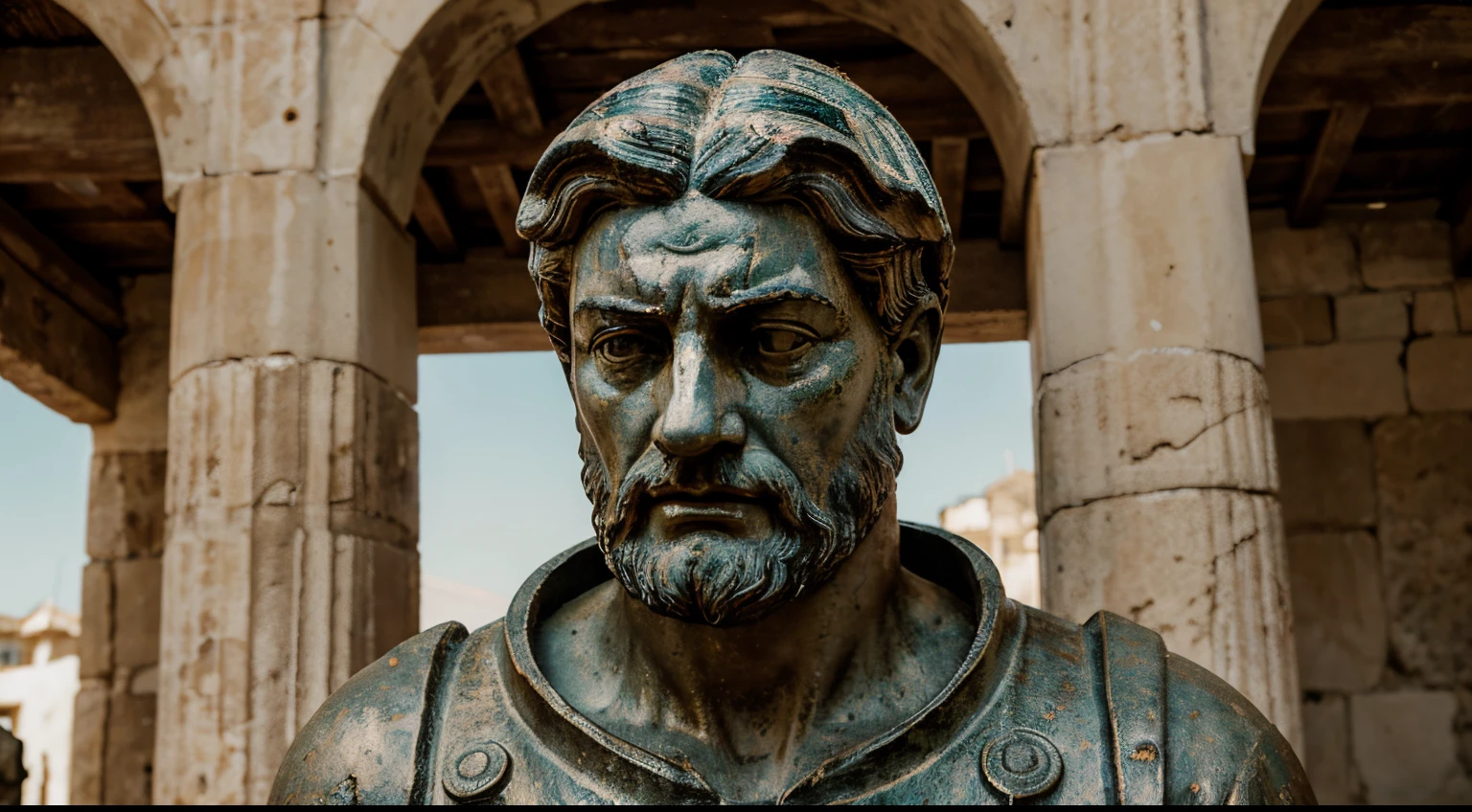 Ancient Stoic Statue With Very Angry Expression, tem barba, muitos detalhes em ambos os olhos, Outside, fundo atenas grego, open sky, com rosto extremamente detalhado full body view, Colors with low saturation with dark tone, Filmado em Sony A7S III com Sony FE 35mm f/1.8, 12.1 MP, --AR 3:2 --estilo cru