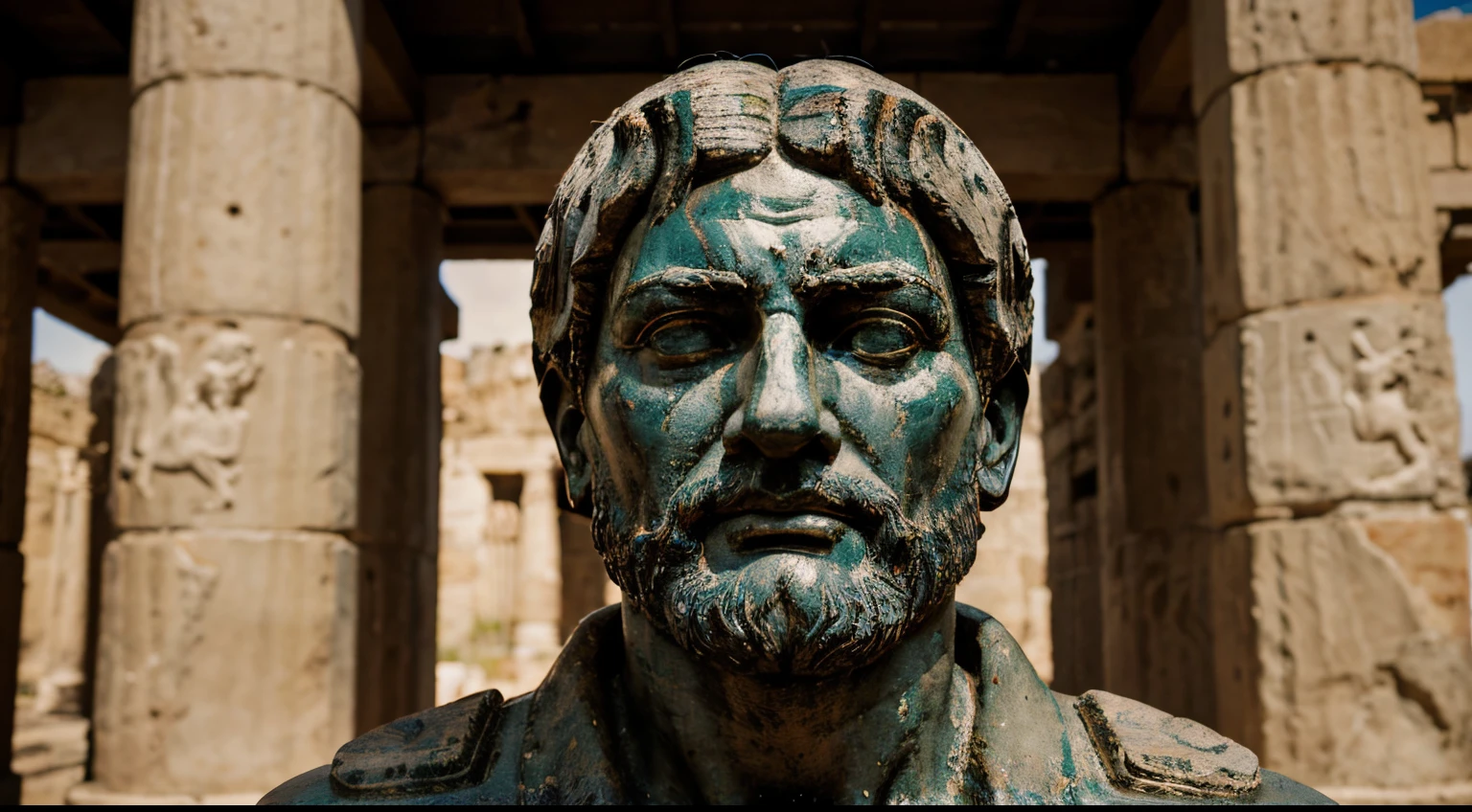 Ancient Stoic Statue With Very Angry Expression, tem barba, muitos detalhes em ambos os olhos, Outside, fundo atenas grego, open sky, com rosto extremamente detalhado full body view, Colors with low saturation with dark tone, Filmado em Sony A7S III com Sony FE 35mm f/1.8, 12.1 MP, --AR 3:2 --estilo cru