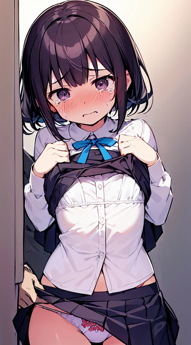 masutepiece, Best Quality,Illustration, Wallpaper, ultra -detail, Little Face Lori、(((molesting)))、Detailed eyes, Complex hairstyle、Sareme、((fear:1.5))、(Teary-eyed:1.5)、(((Cute underwear)))、(doress)、ample breasts、((Morester))、((Girl being taken off her skirt by a man))