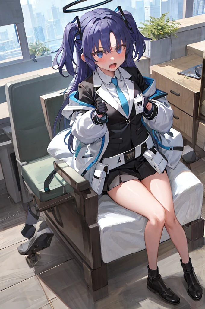 masterpiece, top-quality, ultra-detailliert, 1girl, yuuka, default, white jaket, Black jacke, is standing, Hands on the waist, a miniskirt, Angry, open open mouth, The halo、Confident look、Doya face、Cheek cane、desk、sitting on