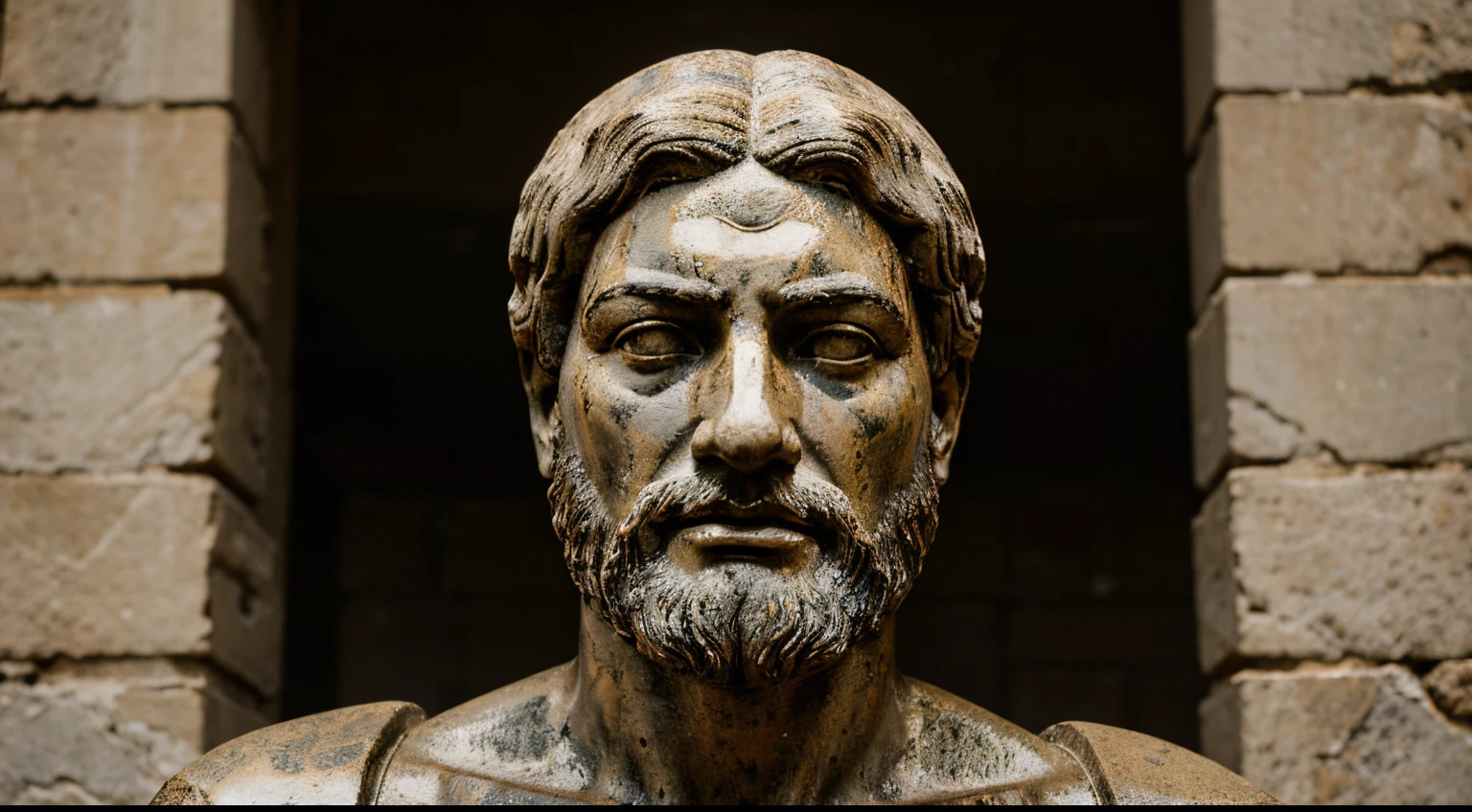 Ancient Stoic Statue With Very Angry Expression, tem barba, muitos detalhes em ambos os olhos, Outside, fundo atenas grego, open sky, com rosto extremamente detalhado full body view, Colors with low saturation with dark tone, Filmado em Sony A7S III com Sony FE 35mm f/1.8, 12.1 MP, --AR 3:2 --estilo cru