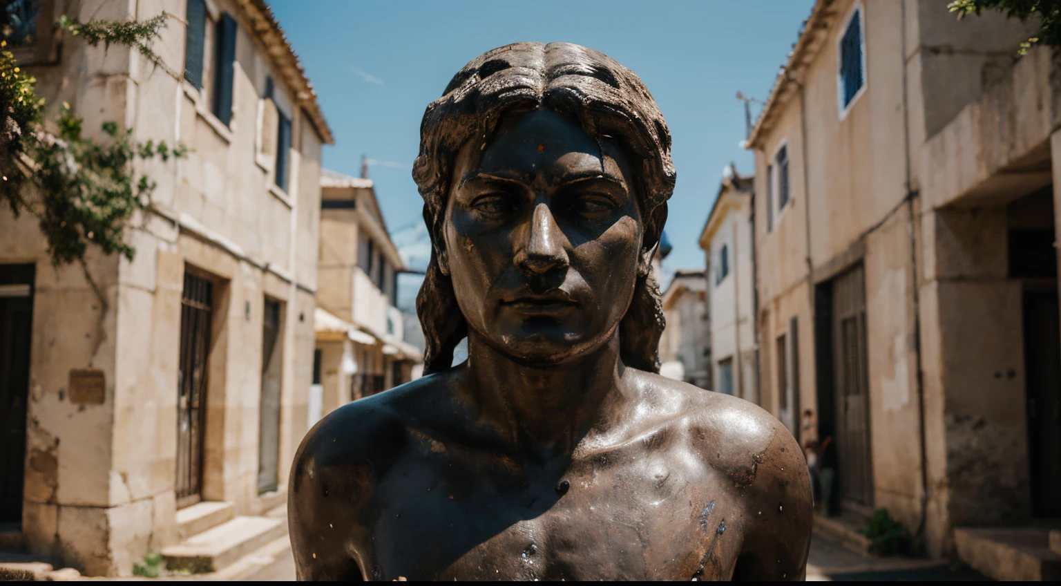Ancient Stoic Statue With Very Angry Expression, tem barba, muitos detalhes em ambos os olhos, Outside, fundo atenas grego, open sky, com rosto extremamente detalhado full body view, Colors with low saturation with dark tone, Filmado em Sony A7S III com Sony FE 35mm f/1.8, 12.1 MP, --AR 3:2 --estilo cru