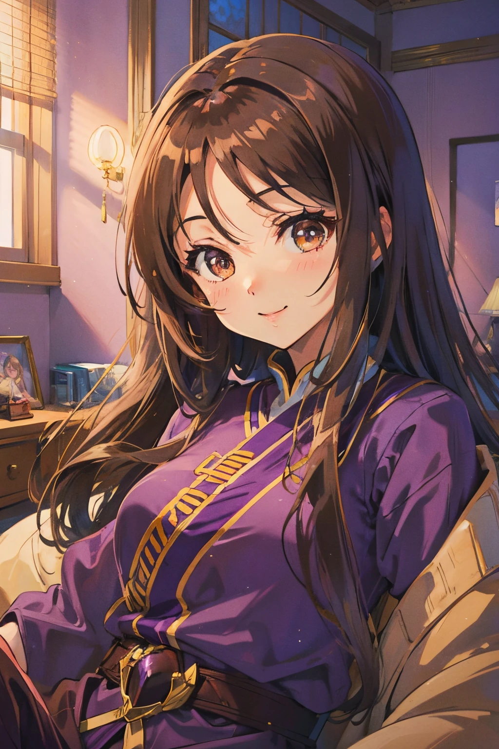 Anime Woman, Long Brown Hair, Brown Eyes, wearing Purple Clothing, Bedroom Background, Bright, Happy, Shining, Chill