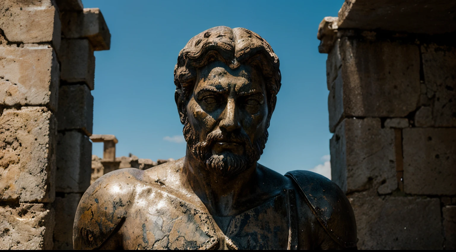 Ancient Stoic Statue With Very Angry Expression, tem barba, muitos detalhes em ambos os olhos, Outside, fundo atenas grego, open sky, com rosto extremamente detalhado full body view, Colors with low saturation with dark tone, Filmado em Sony A7S III com Sony FE 35mm f/1.8, 12.1 MP, --AR 3:2 --estilo cru