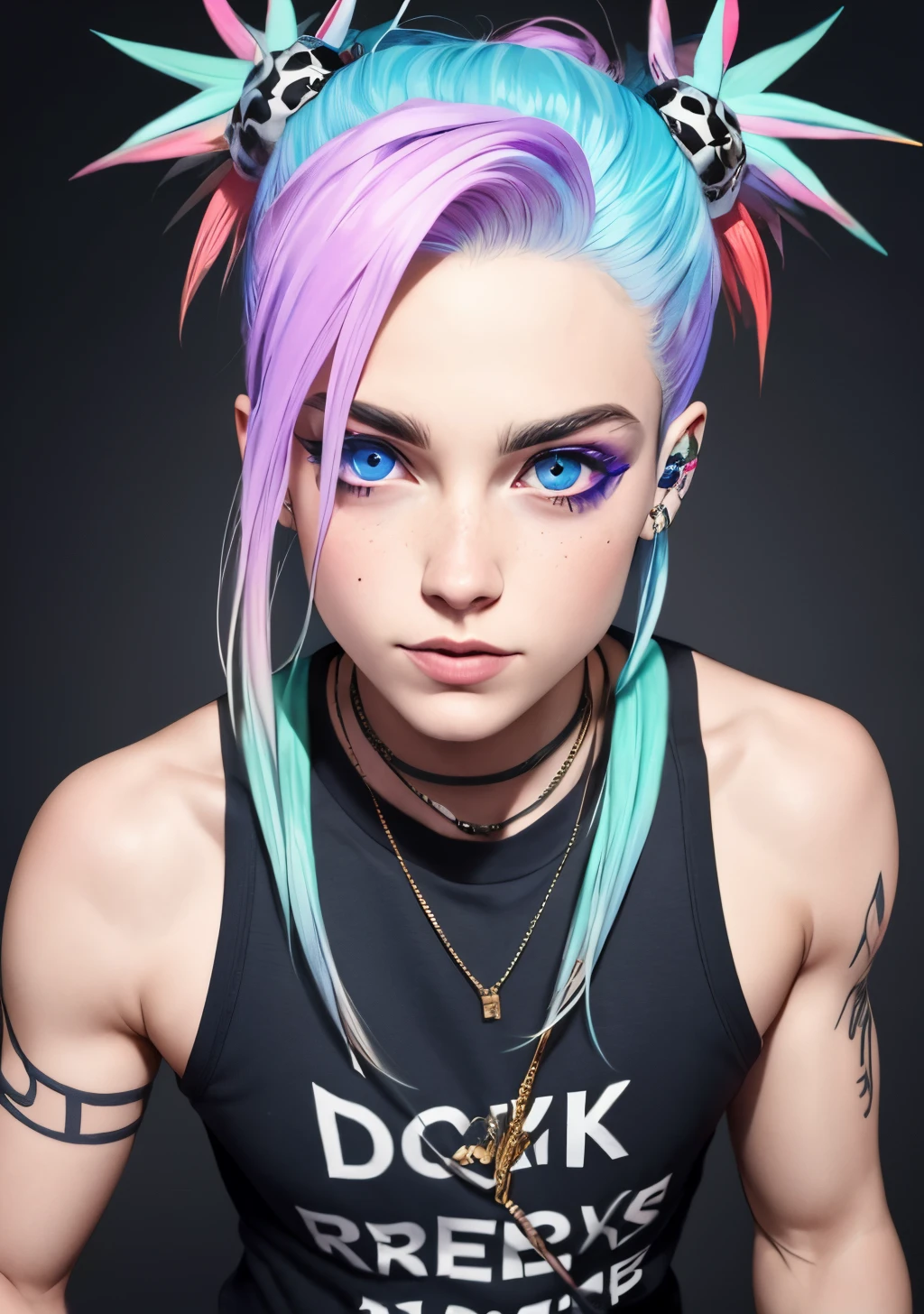 Emo rockstar, Twink, faded blue hair, punk outfit,v freckles, Caucasian, 20 years old, bisexual, blue eyes,