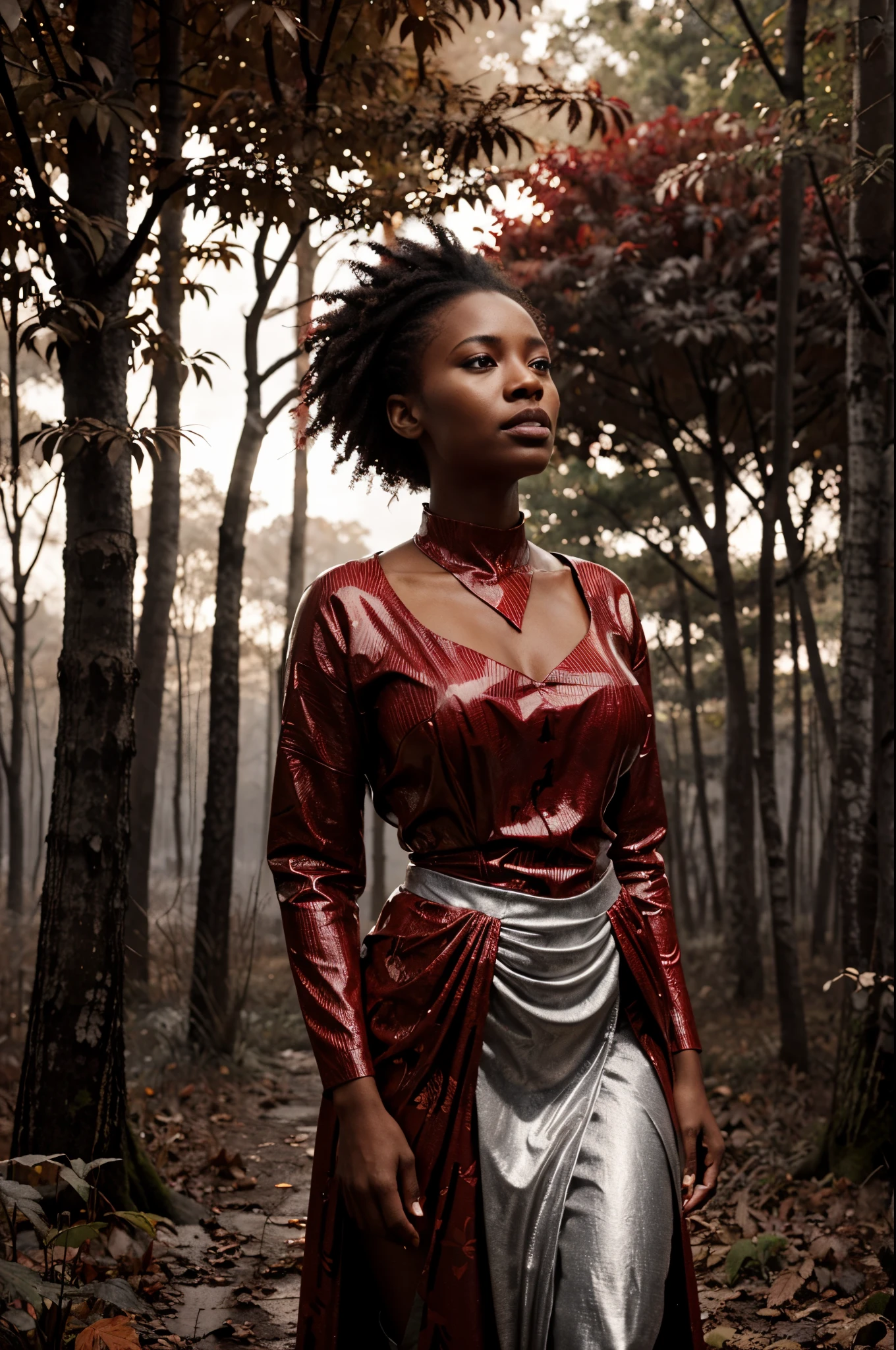 Extreme wide angle shot of a beautiful Black woman dressed in a red African designed dressed, standing in a forest with red leaves pouring from the sky, moody silver lighting from the clouds giving a silver mixed with grey cinematic look, Epic large scale image with very high quality details, 32k, ultra HD, unreal engine rendered, cinematic lighting, hyper-realistic image