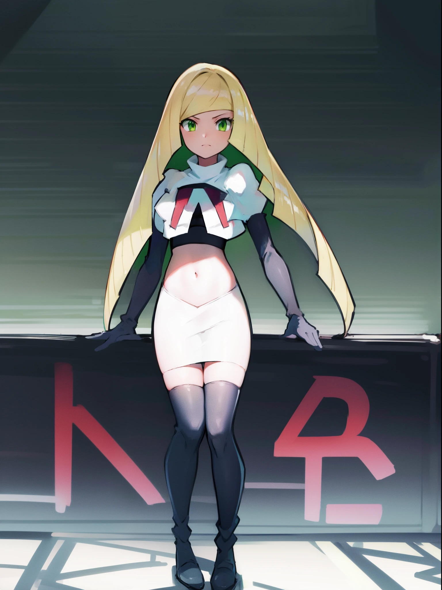 pokemonlusamine,green eyes,team rocket,team rocket uniform,white skirt,crop top,black thigh-high boots,black elbow gloves,