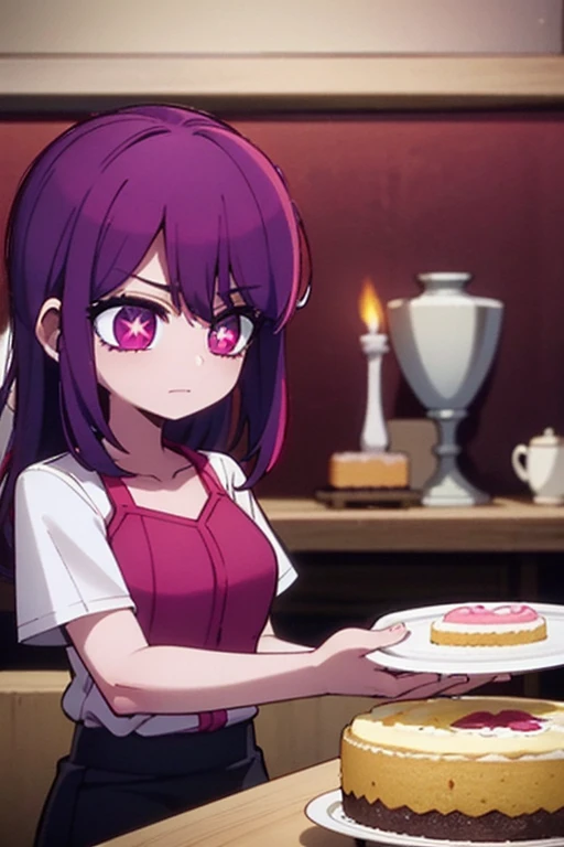 A pink haired woman with violet eyes is serving a birthday cake to a red haired woman with red eyes.